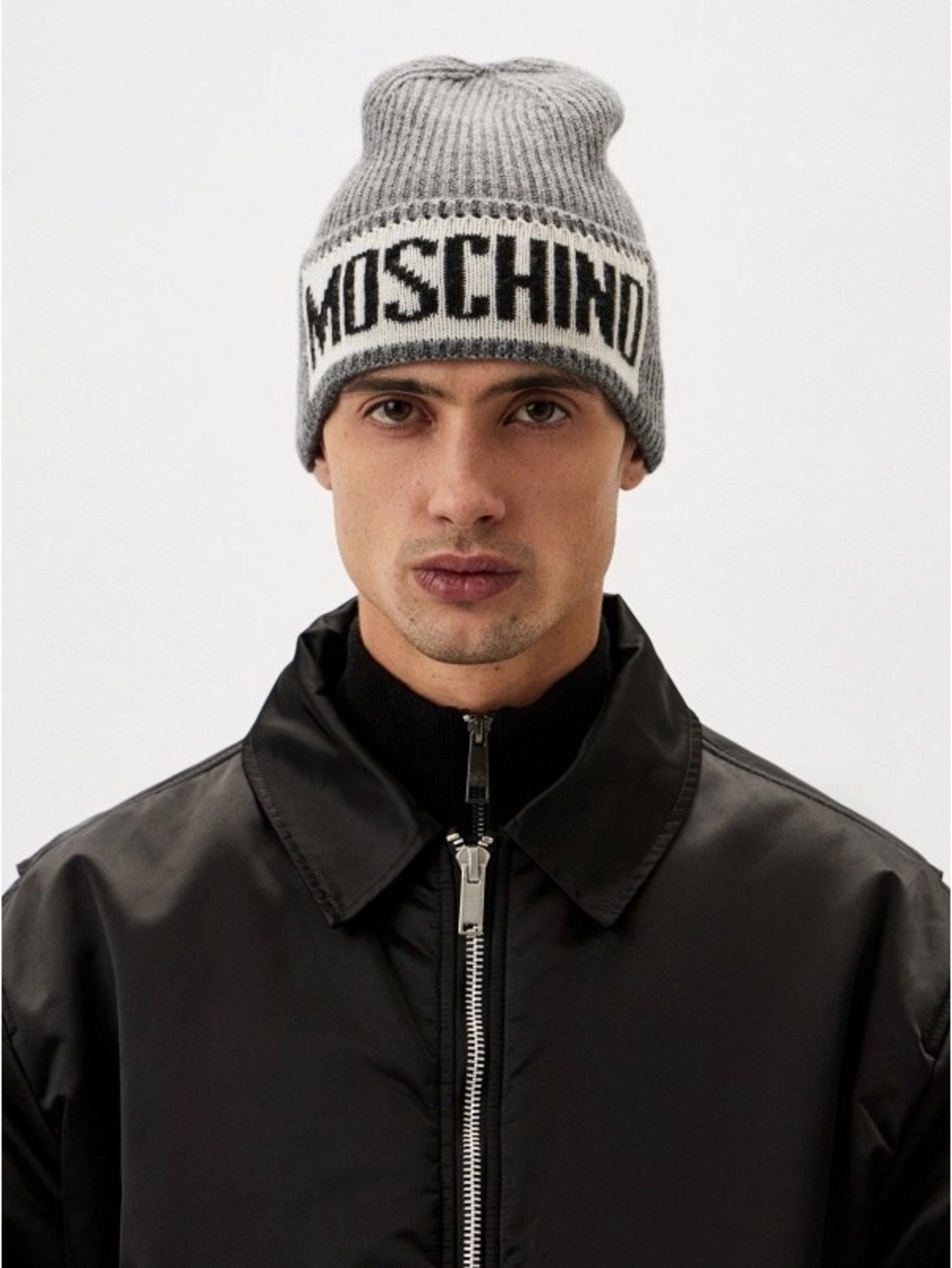 New Moschino Grey Logo Wool Cashmere Ribbed Beanie Hat